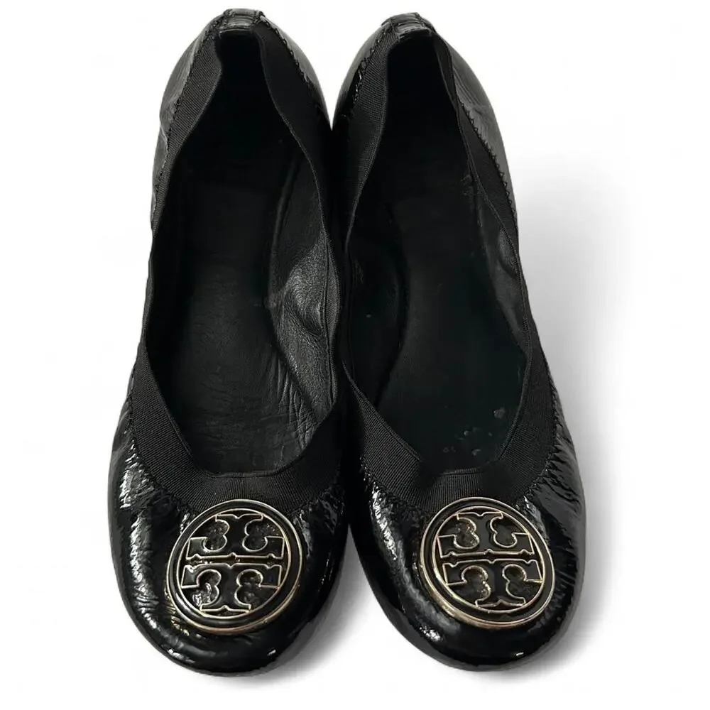 Chic Comfy Tory Burch Black Patent Leather Ballet Flats Slip on Gold Logo 6 M